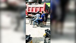 Damn It! Cyclist Gets Dirty By Dump Truck (action And After