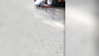 Lower Body Of Human Body Crushed By Huge Trailer 