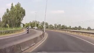 Cyclist Drives The Wrong Way On The Highway And Crashes Into A Truck