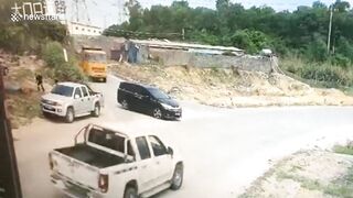 Chinese Pedestrian Nearly Buried By Truck