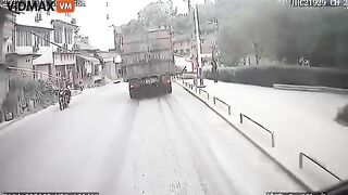 Cement Truck Hits Barrier And Throws Mixer