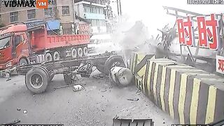 Cement Truck Hits Barrier And Throws Mixer