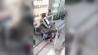 Man Leaves The Parking Lot On The Second Floor