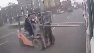 Forklift Won't Let Motorcyclist Pass 