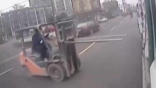 Forklift Won't Let Motorcyclist Pass 