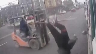 Forklift Won't Let Motorcyclist Pass 