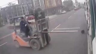 Forklift Won't Let Motorcyclist Pass 