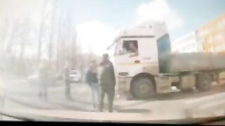 The Truck Ran Over A Woman Who Was Crossing The Road, Half A Meter In Front Of Her