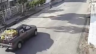 Red Car Hits Biking Couple Head-on 