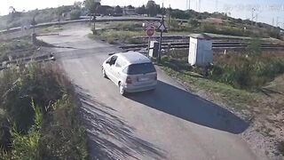 Stupid Driver Tries To Cross Train 