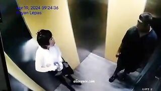 Chinese Woman Pours Hot Water For Disabled Person In Elevator