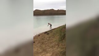 The Guy Tried To Jump Into The Water But Ended Up On The Shore