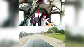 Idiot Driver Eats A Burger While The Truck Is Full