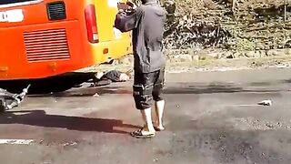 The Wheel Of A Bus Splits The Motorcyclist In Half 