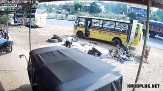 Man Thrown Into Air After School Bus Tire Bursts
