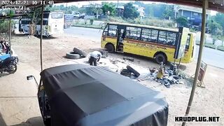 Man Thrown Into Air After School Bus Tire Bursts