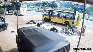 Man Thrown Into Air After School Bus Tire Bursts