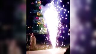 Fireworks Are Set Off On Both Sides Of The Glowing Christmas Tree