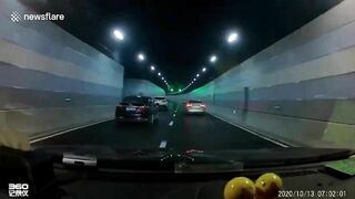 Car Hits Tunnel Wall When Overtaking Suddenly