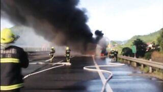 Truck Catches Fire After Colliding With Parked Vehicle