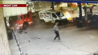 Fire Truck Crashes Into Gas Station