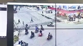 Motorcyclist Crashes Into Police Wire Fence
