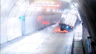 Sleepy Truck Driver Drives Into Tunnel