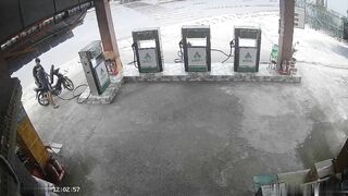 Speeding Motorcycle Crashes Into Gas Station