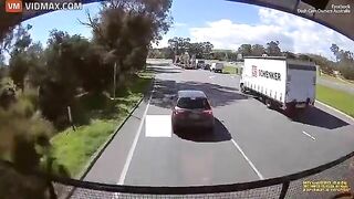 The Truck Hit The Rear Of The Braking Car And Crashed Into Another Car