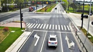 Truck Collides With Car After Emergency Brake On Highway