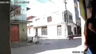 Young Man On Bicycle Escapes Two Consecutive Crashes On Road