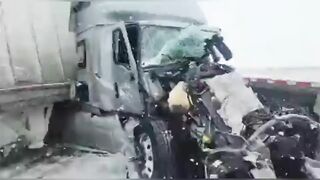 The Car Was Sandwiched Between Three Semi-trailers And Turned Into A Pancake