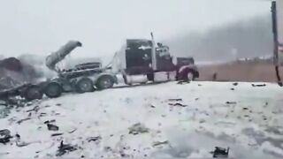 The Car Was Sandwiched Between Three Semi-trailers And Turned Into A Pancake